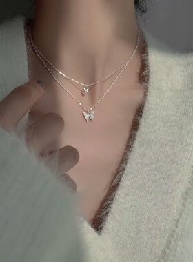 双层蝴蝶项链女锁骨链气质轻奢小众高级设计感夏季饰品钛钢颈链