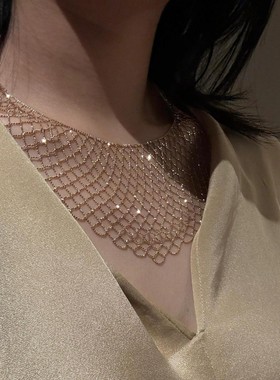 编织网纹蕾丝花边宽项链欧美时髦女镀1宴会配饰礼物