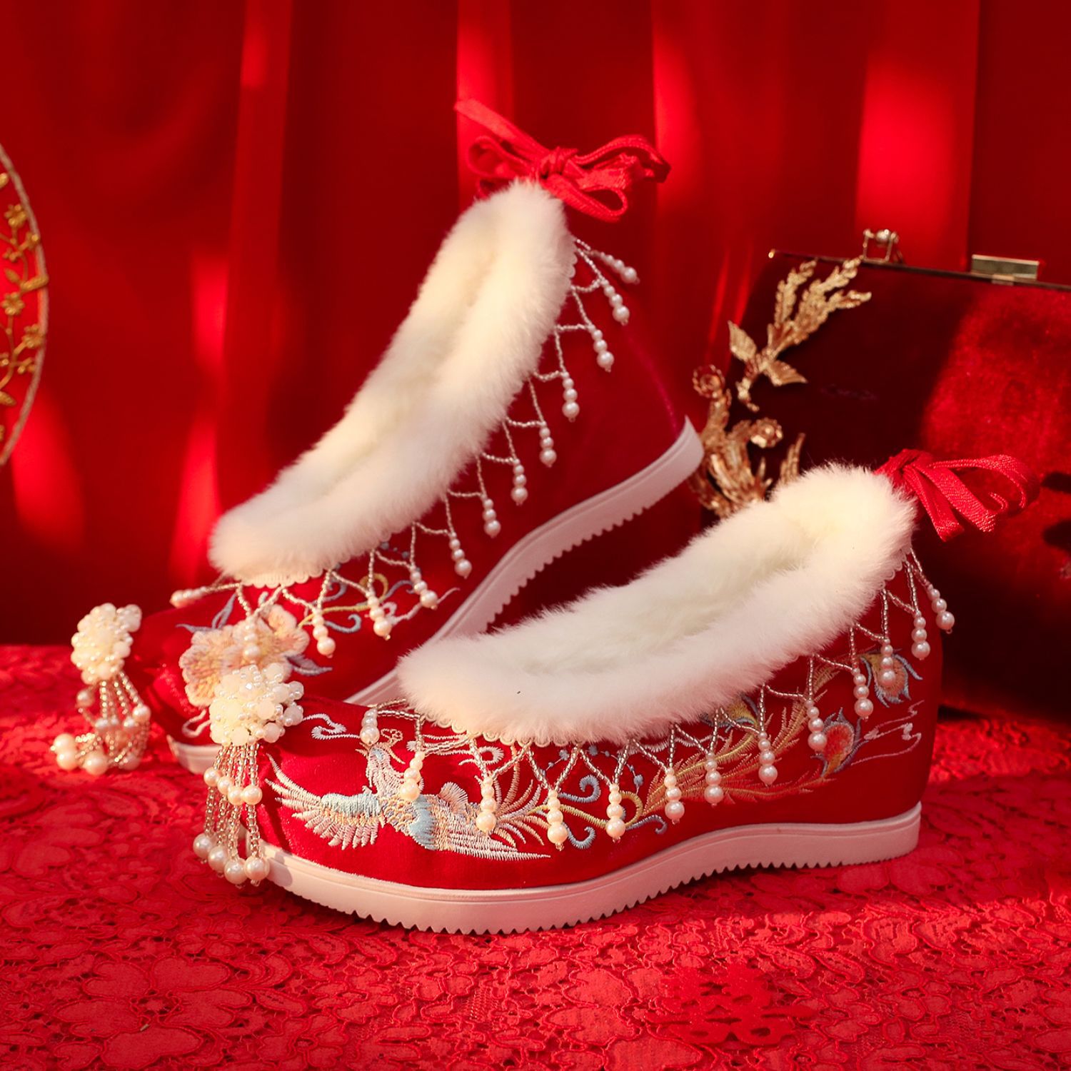 春季新款汉服鞋女古装内增高绣花鞋古风翘头中式婚礼新娘秀禾婚鞋 - 图1