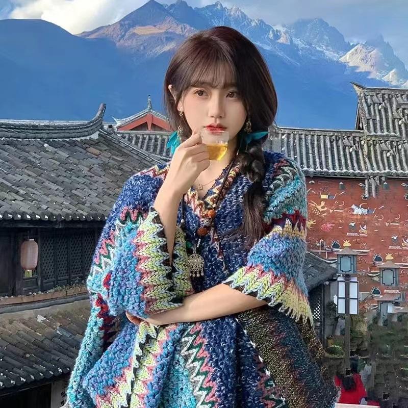 镂空针织防晒开衫披肩女外搭2025新款配裙子旗袍罩衫民族风斗篷 - 图0