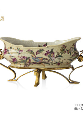 凤凰美居新品欧式铜配瓷彩绘花鸟纸巾盒盖罐玄关大花盆装饰摆件