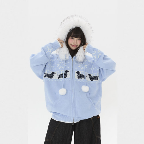 【零碎岛屿】美式国潮费尔岛小狗提花毛领毛衣秋冬小众针织衫上衣 - 图2