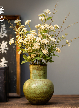 碌心中式青苔绿粗陶小花瓶插花