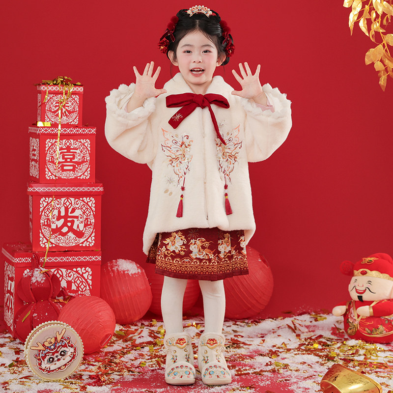 拜年服女童古风汉服冬装儿童新中式加厚毛绒外套马面裙过年服套装,淘宝优惠券,粉丝福利购,淘宝优惠卷
