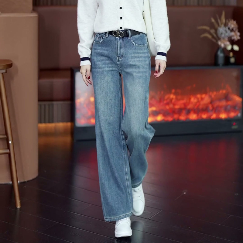 浅蓝色阔腿牛仔裤女秋冬加绒加厚2025新款高腰宽松垂感直筒裤子冬,淘宝优惠券,粉丝福利购,淘宝优惠卷