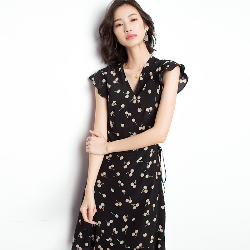 法式一片式女夏小樱桃印花裹身裙 liwoman连衣裙
