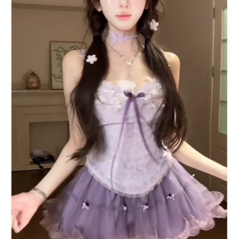 韩系甜辣妹套装女夏季设计感重工花朵吊带上衣高腰显瘦网纱半身裙,淘宝优惠券,粉丝福利购,淘宝优惠卷