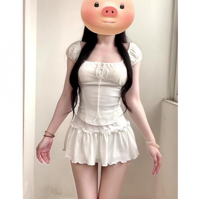 Korean style sweet square neck top high waist slimming skirt