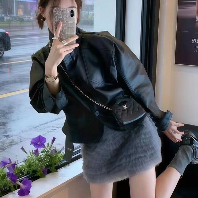 Korean style age-reducing leather jacket high-waisted slimming skirt