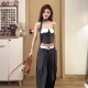 Korean style hot girl contrasting color top high waist slimming wide leg pants