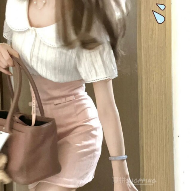 French sweet doll collar top high waisted hip skirt