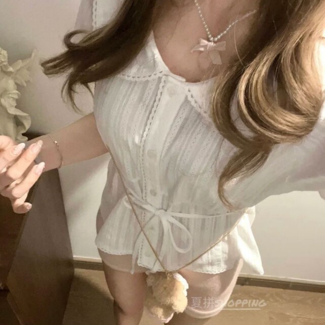 French sweet doll collar top high waisted hip skirt
