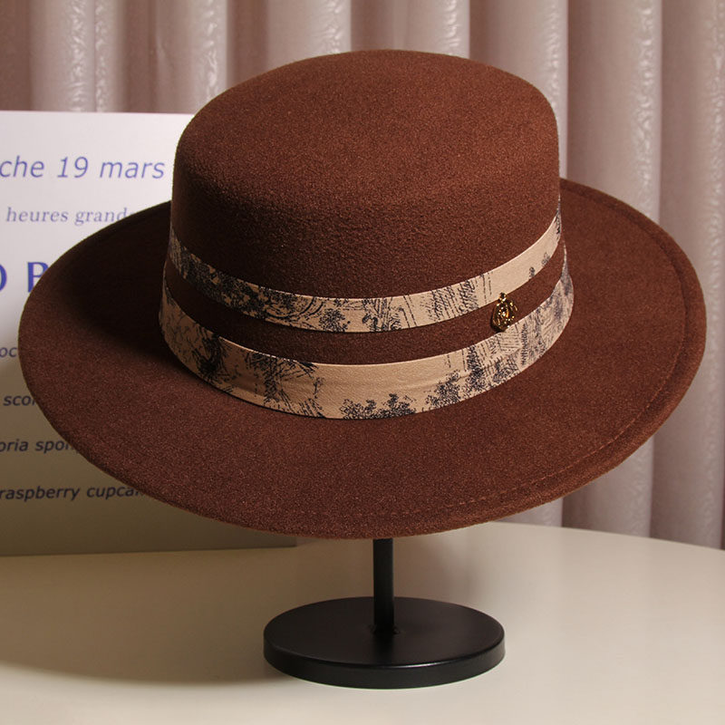 中国风水墨画织带英伦复古毛呢礼帽女秋冬时尚百搭宽檐黑色爵士帽,淘宝优惠券,粉丝福利购,淘宝优惠卷