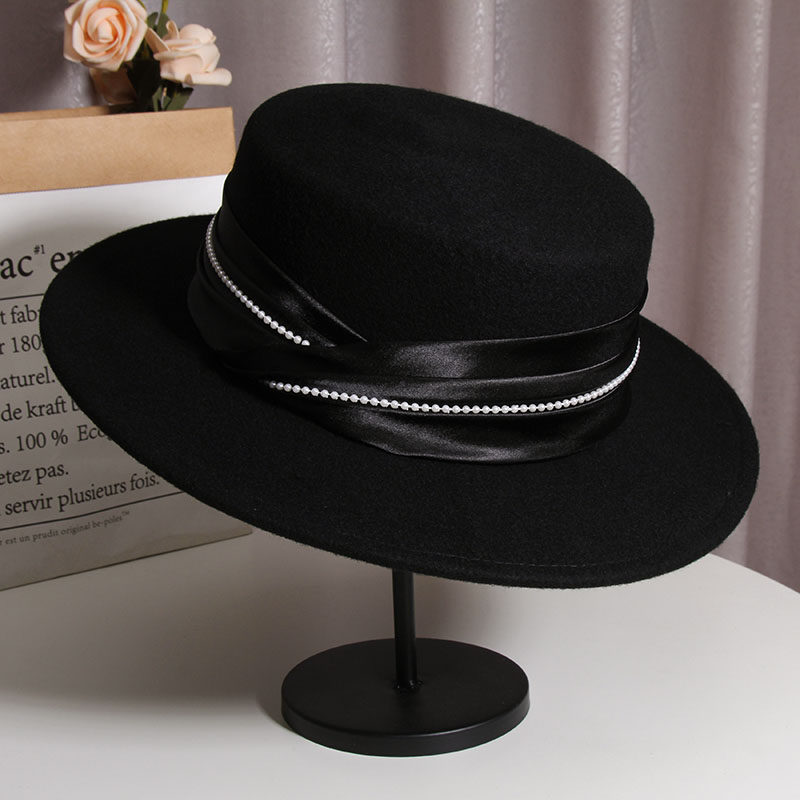 法式赫本风羊毛呢平顶秋冬毛呢帽子 古仙蔓帽子