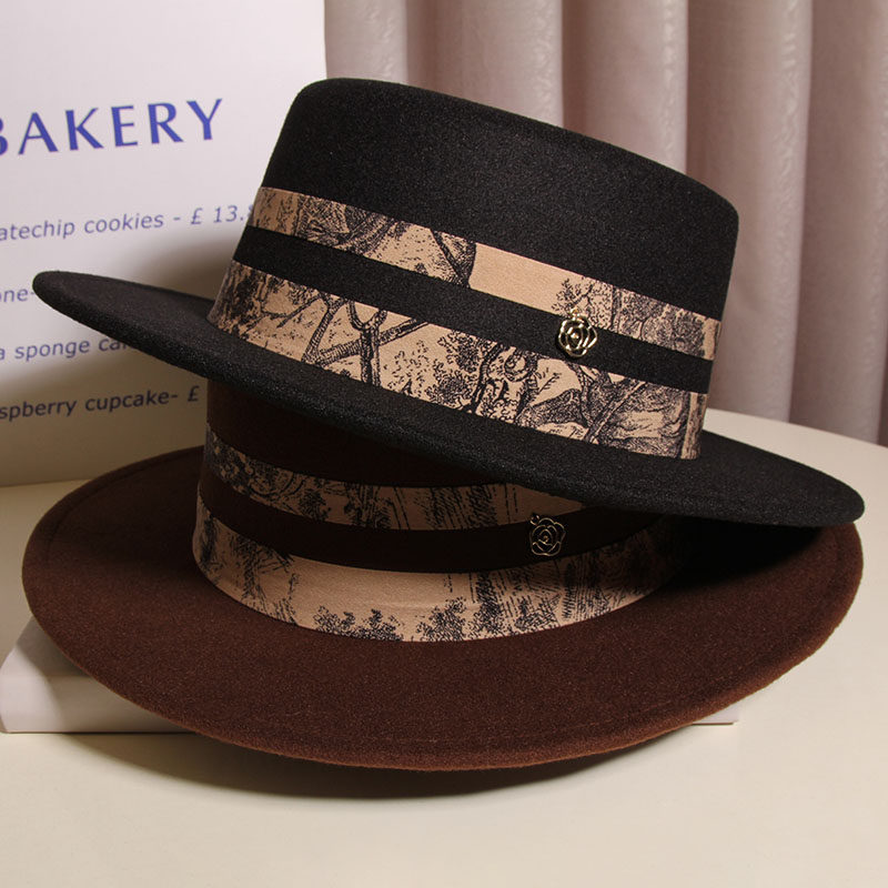 中国风水墨画织带英伦复古毛呢礼帽女秋冬时尚百搭宽檐黑色爵士帽,淘宝优惠券,粉丝福利购,淘宝优惠卷