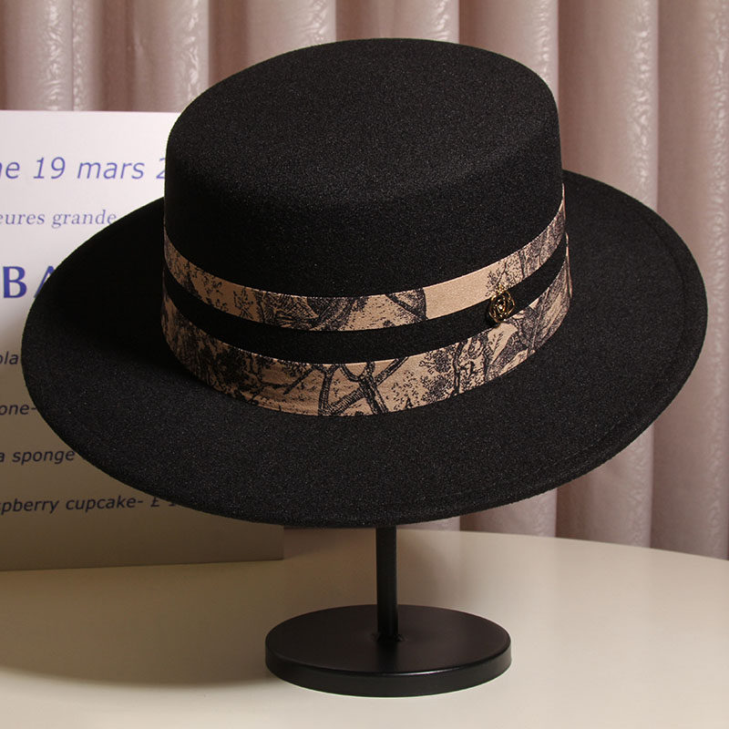 中国风水墨画织带英伦复古毛呢礼帽女秋冬时尚百搭宽檐黑色爵士帽,淘宝优惠券,粉丝福利购,淘宝优惠卷