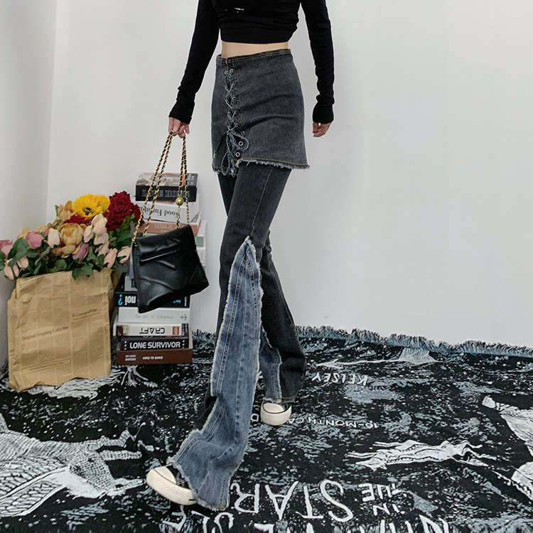 女士高腰拼色弹力千禧微喇叭牛仔裤 ladadee牛仔裤