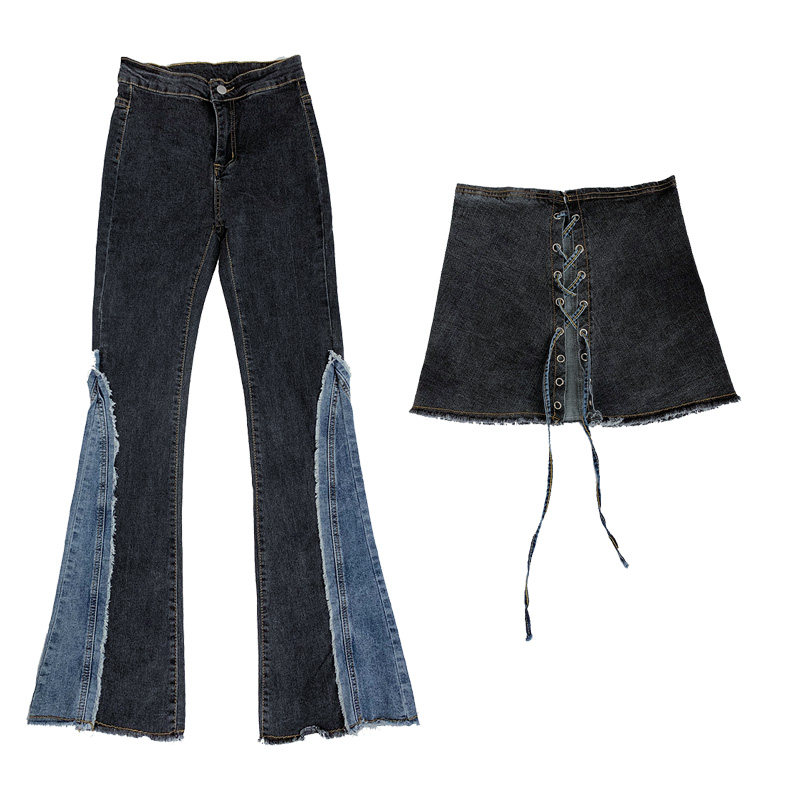 女士高腰拼色弹力千禧微喇叭牛仔裤 ladadee牛仔裤