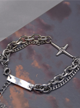 新款 ins日韩2021钛钢手链男复古男生冷淡风嘻哈小众设计双层星芒