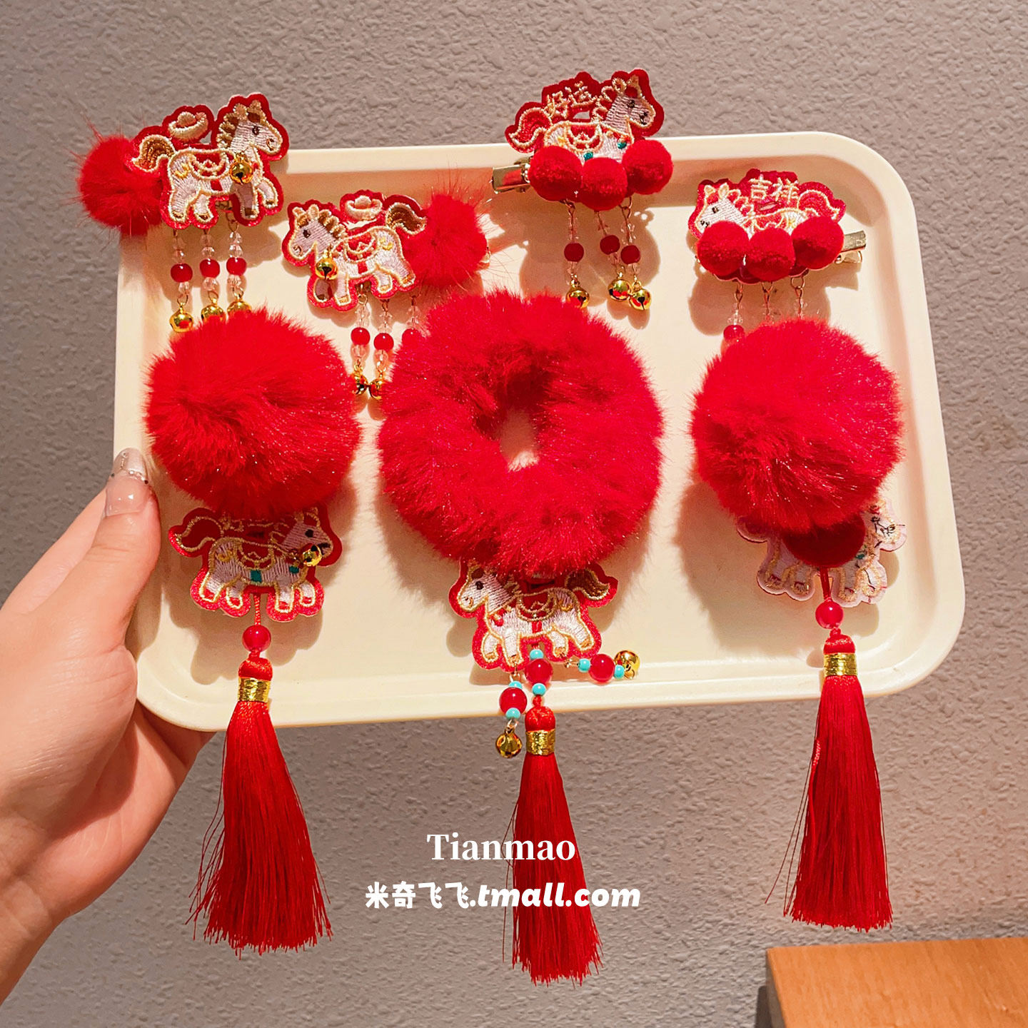 儿童新年红色流苏发夹汉服头饰女童马年喜庆刺绣对夹宝宝拜年头饰,淘宝优惠券,粉丝福利购,淘宝优惠卷