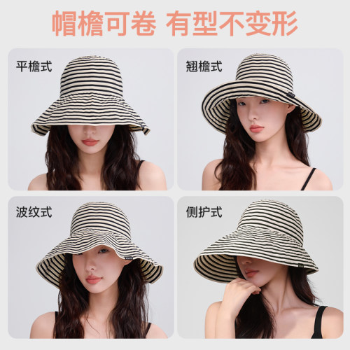 韩国zauo防晒条纹渔夫帽夏季可折叠防晒帽大帽檐复古遮阳帽子 - 图1