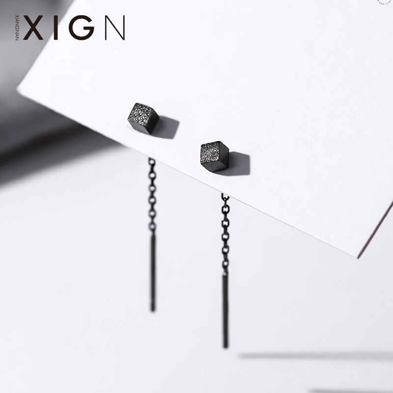 XIGN黑色方块耳线女925纯银耳钉2024年新款爆款高级感耳环耳饰品 - 图0