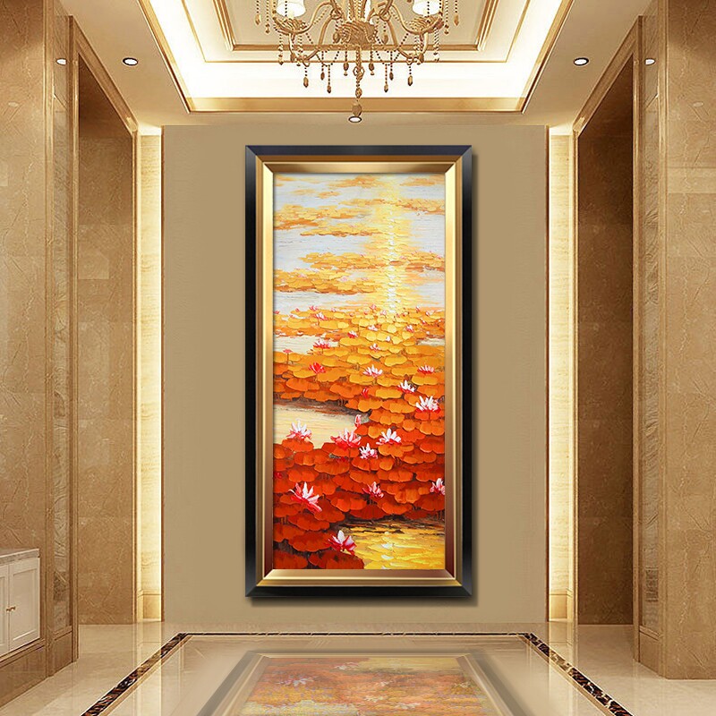 入户玄关装饰画莲花美式荷花挂画竖版大芬油画村走廊过道欧式壁画
