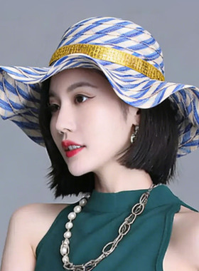 女士条纹大檐防晒遮阳帽春夏海边