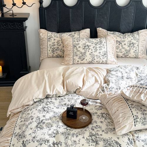 法式全棉磨毛床上四件套2024新款复古褶皱被套纯棉长绒棉柔软床品 - 图0