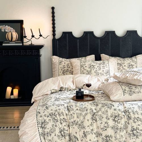 法式全棉磨毛床上四件套2024新款复古褶皱被套纯棉长绒棉柔软床品 - 图3