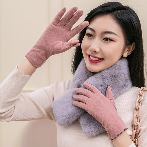 德绒手套女秋季新款骑车露指保暖防寒开车冬天骑行电动车漏二指头 - 图2