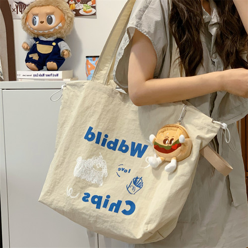 慵懒风刺绣单肩包包女2026新款潮手提托特包学生上课大容量购物袋 - 图0