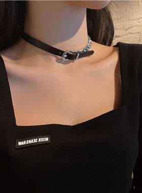 黑暗风个性创意皮带拼接钛钢链条项链女ins夸张蹦迪夜店锁骨链