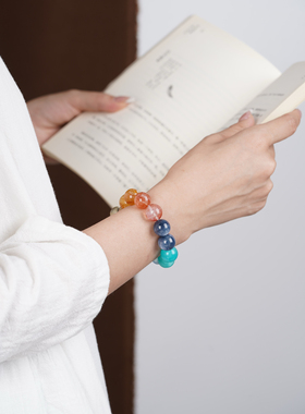 天然水晶多宝渐变色手链配蓝晶石红胶花黄胶花天河石黄水晶手串