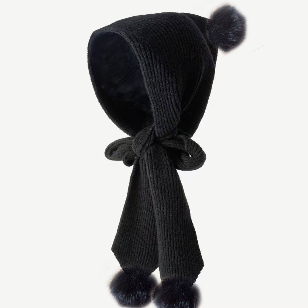 连帽围巾披肩带帽子一体帽子围巾保暖狐狸毛球时尚披肩针织披肩外,淘宝优惠券,粉丝福利购,淘宝优惠卷