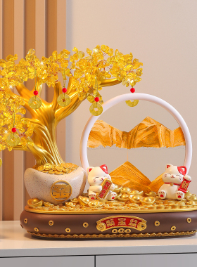 轻奢黄金发财树招财猫流沙画摆件