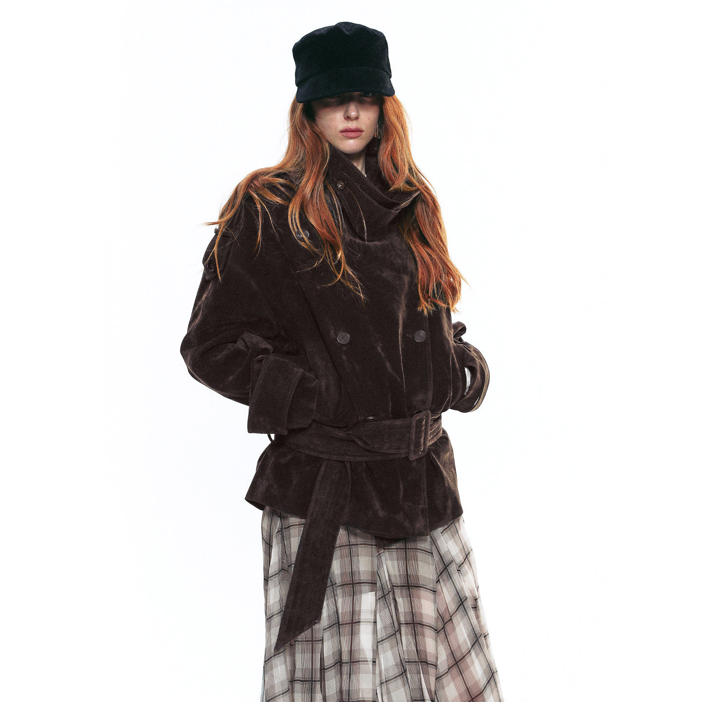 SINGLE MOMENT 25AW法式复古植绒大立领短款双排扣系腰风衣外套女,淘宝优惠券,粉丝福利购,淘宝优惠卷