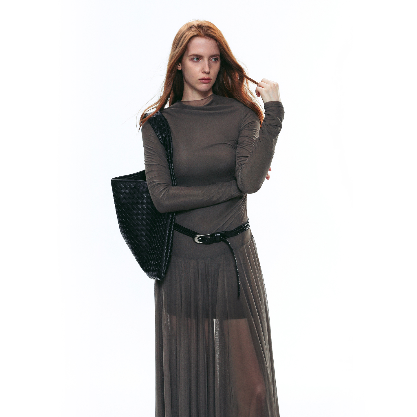 SINGLE MOMENT 25AW法式网纱修身弹力薄纱不规则下摆连衣裙长款女 - 图2