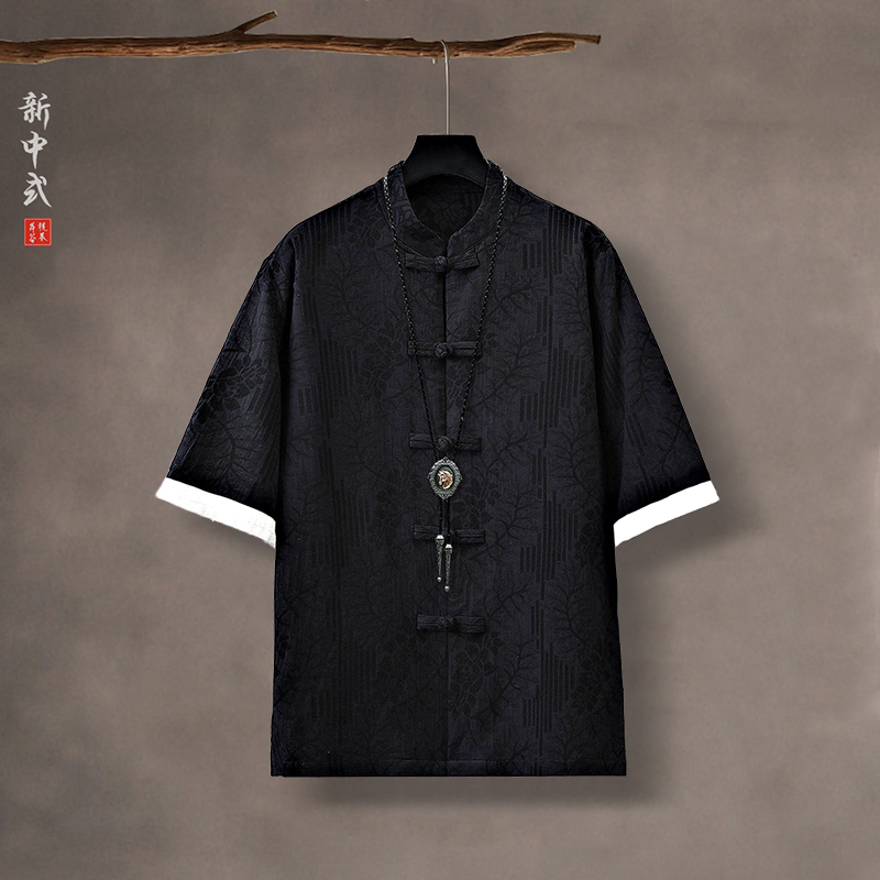 新中式暗纹提花盘扣唐装衬衫中国风棉麻T恤大码五分袖中山装短袖 - 图3