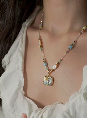 法式复古设计感重工油画方糖吊坠项链精致高级感百搭中古风女项链