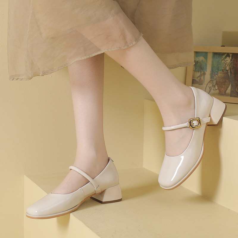 时尚一字带玛丽珍鞋2024春季粗跟真皮浅口小皮鞋百搭软底女士单鞋,淘宝优惠券,粉丝福利购,淘宝优惠卷