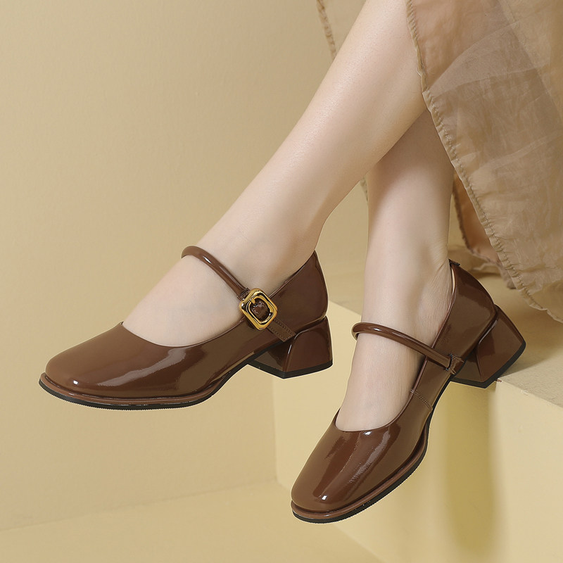 时尚一字带玛丽珍鞋2024春季粗跟真皮浅口小皮鞋百搭软底女士单鞋,淘宝优惠券,粉丝福利购,淘宝优惠卷