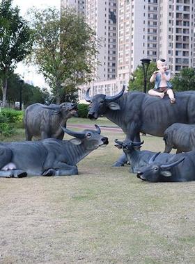 仿真奶牛雕塑牧童骑水牛大型摆件农耕文化模型玻璃钢园林景观动物