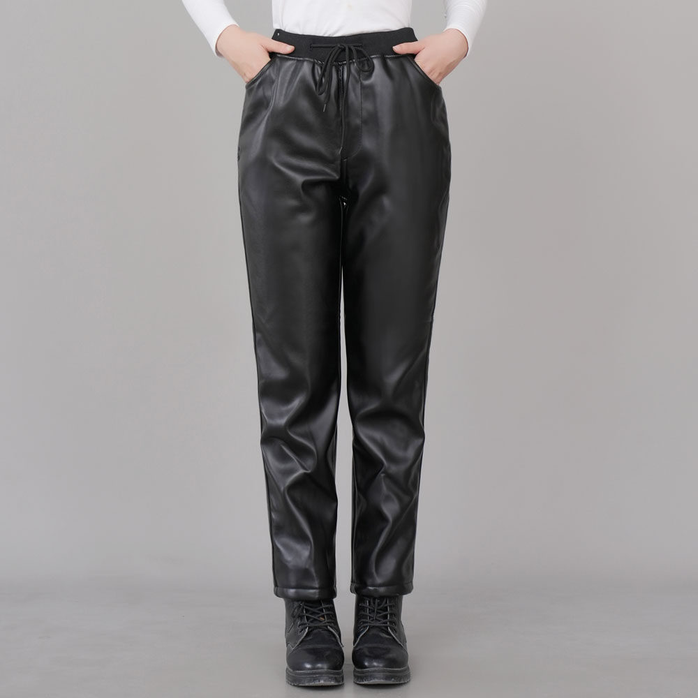 宽松直筒皮裤中年女士外穿冬季加厚加绒罗纹松紧腰春秋皮长裤艾贝,淘宝优惠券,粉丝福利购,淘宝优惠卷