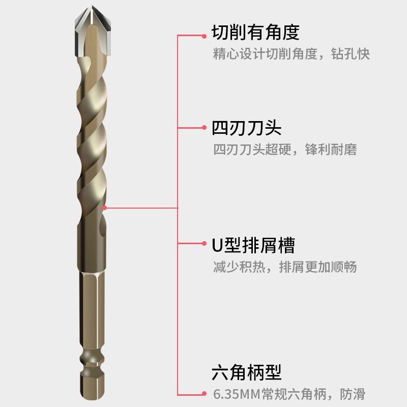 瓷砖钻头四刃冲击霸王钻六角柄混凝土三角钻电玻璃打孔专用大全转-图3