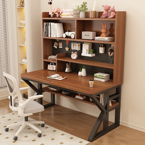 电脑桌卧室家用学生学习写字桌台式洞洞板书柜一体式实木办公书桌 - 图1