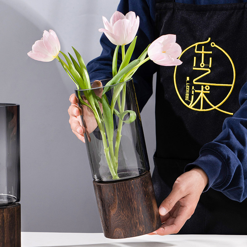 轻奢玻璃花瓶新中式客厅电视柜摆件插花带底座创意新款高档高级感,淘宝优惠券,粉丝福利购,淘宝优惠卷