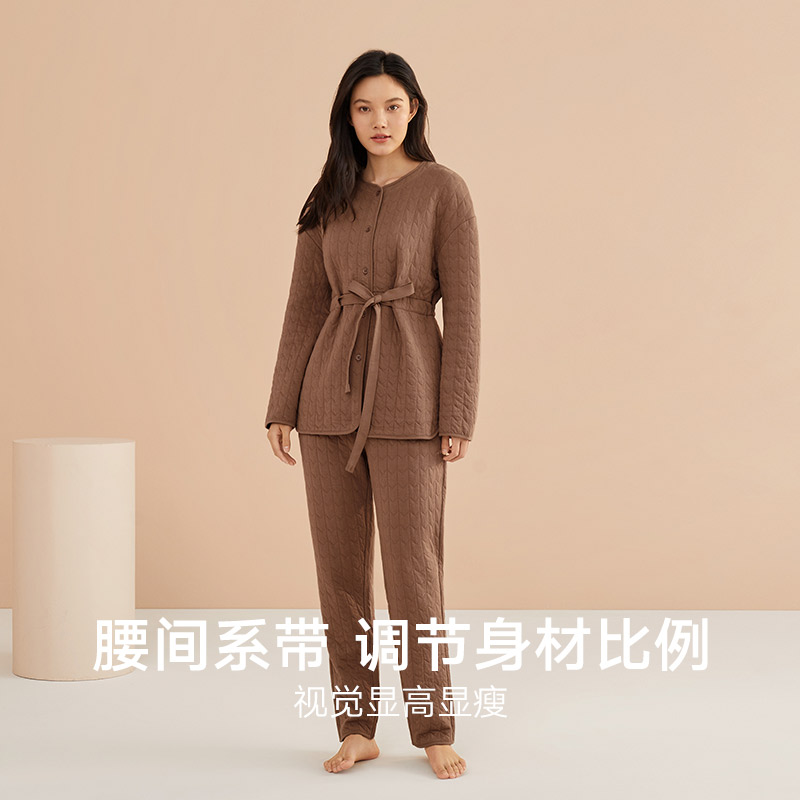 曼妮芬棉质生活睡衣女款秋冬季全棉圆领系带棉服套装可外穿家居服