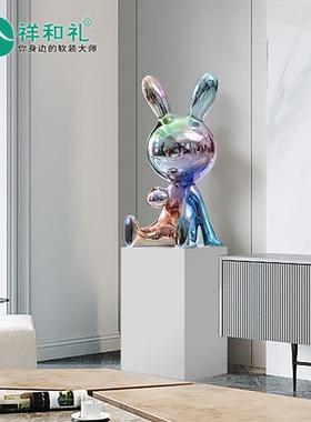 客厅电镀兔子大雕塑坐姿电视柜高级落地摆件卡通玻璃钢酒店装饰品