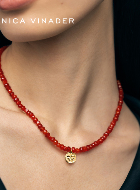 Monica Vinader莫妮卡小幸运红玛瑙幸运草串珠项链本命年红色礼物